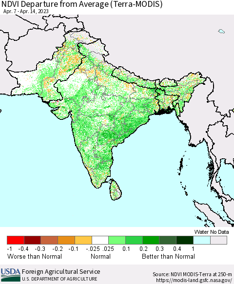 Southern Asia NDVI Departure from Average (Terra-MODIS) Thematic Map For 4/11/2023 - 4/20/2023