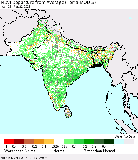 Southern Asia NDVI Departure from Average (Terra-MODIS) Thematic Map For 4/15/2023 - 4/22/2023