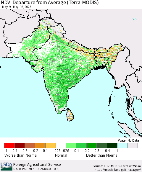 Southern Asia NDVI Departure from Average (Terra-MODIS) Thematic Map For 5/11/2023 - 5/20/2023