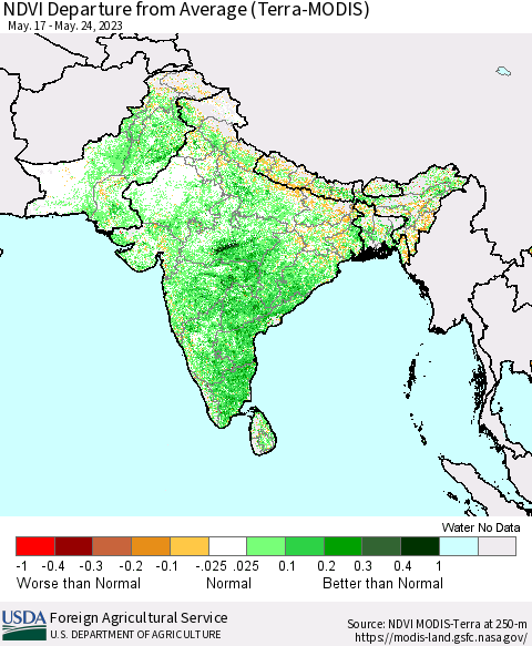 Southern Asia NDVI Departure from Average (Terra-MODIS) Thematic Map For 5/21/2023 - 5/31/2023