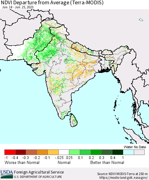 Southern Asia NDVI Departure from Average (Terra-MODIS) Thematic Map For 6/21/2023 - 6/30/2023