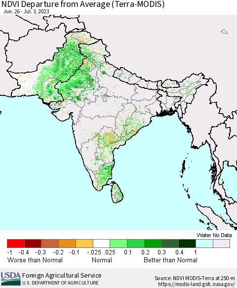 Southern Asia NDVI Departure from Average (Terra-MODIS) Thematic Map For 7/1/2023 - 7/10/2023