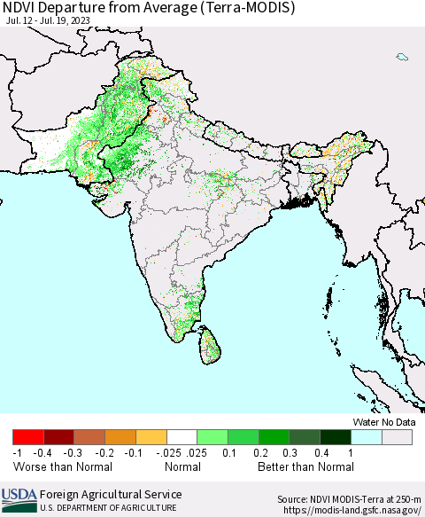 Southern Asia NDVI Departure from Average (Terra-MODIS) Thematic Map For 7/11/2023 - 7/20/2023