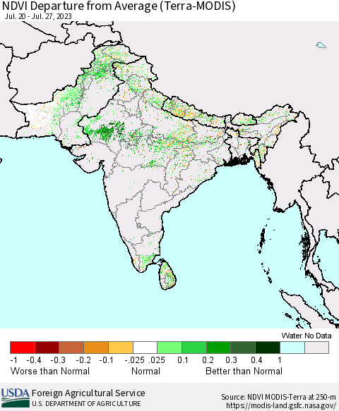 Southern Asia NDVI Departure from Average (Terra-MODIS) Thematic Map For 7/21/2023 - 7/31/2023