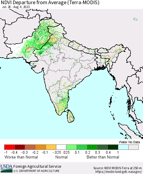 Southern Asia NDVI Departure from Average (Terra-MODIS) Thematic Map For 8/1/2023 - 8/10/2023