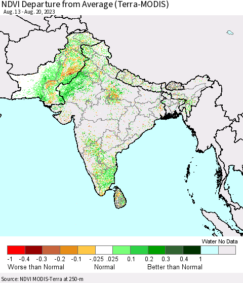 Southern Asia NDVI Departure from Average (Terra-MODIS) Thematic Map For 8/11/2023 - 8/20/2023