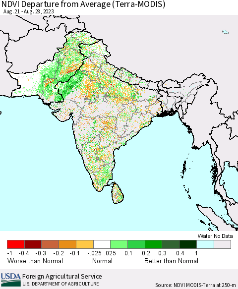Southern Asia NDVI Departure from Average (Terra-MODIS) Thematic Map For 8/21/2023 - 8/31/2023