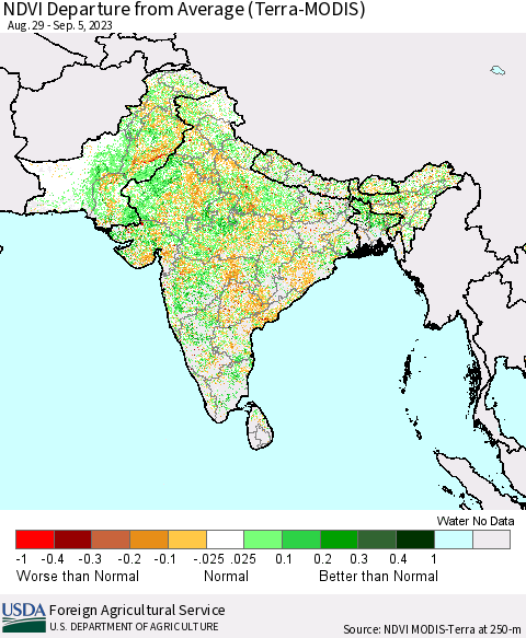 Southern Asia NDVI Departure from Average (Terra-MODIS) Thematic Map For 9/1/2023 - 9/10/2023