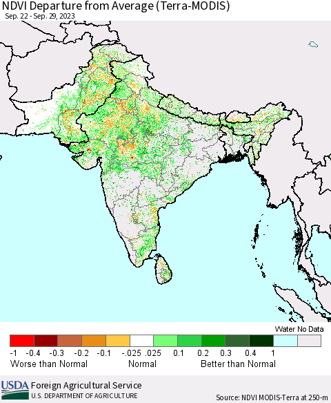 Southern Asia NDVI Departure from Average (Terra-MODIS) Thematic Map For 9/21/2023 - 9/30/2023