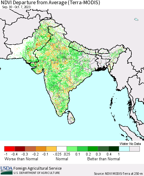 Southern Asia NDVI Departure from Average (Terra-MODIS) Thematic Map For 10/1/2023 - 10/10/2023