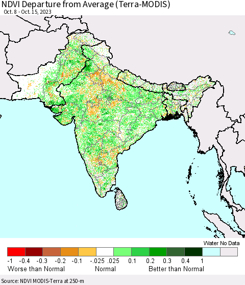 Southern Asia NDVI Departure from Average (Terra-MODIS) Thematic Map For 10/8/2023 - 10/15/2023