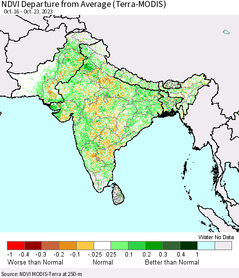 Southern Asia NDVI Departure from Average (Terra-MODIS) Thematic Map For 10/16/2023 - 10/23/2023