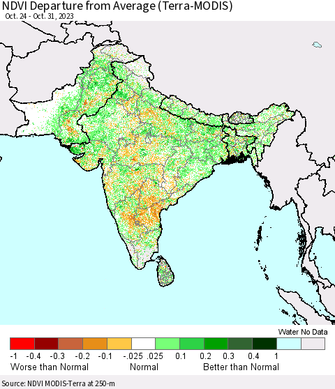 Southern Asia NDVI Departure from Average (Terra-MODIS) Thematic Map For 10/21/2023 - 10/31/2023