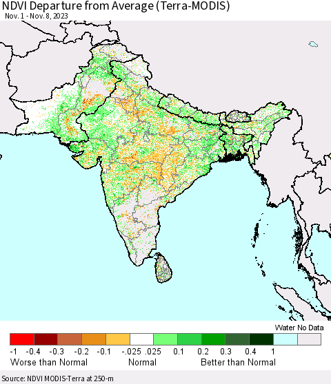 Southern Asia NDVI Departure from Average (Terra-MODIS) Thematic Map For 11/1/2023 - 11/8/2023