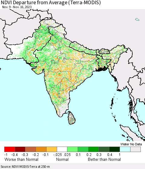 Southern Asia NDVI Departure from Average (Terra-MODIS) Thematic Map For 11/9/2023 - 11/16/2023