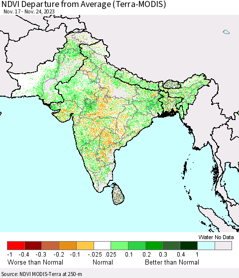 Southern Asia NDVI Departure from Average (Terra-MODIS) Thematic Map For 11/17/2023 - 11/24/2023