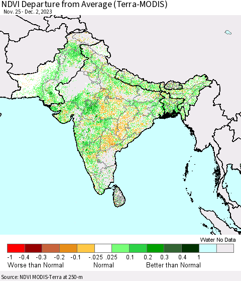 Southern Asia NDVI Departure from Average (Terra-MODIS) Thematic Map For 11/25/2023 - 12/2/2023