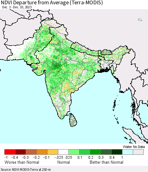 Southern Asia NDVI Departure from Average (Terra-MODIS) Thematic Map For 12/3/2023 - 12/10/2023