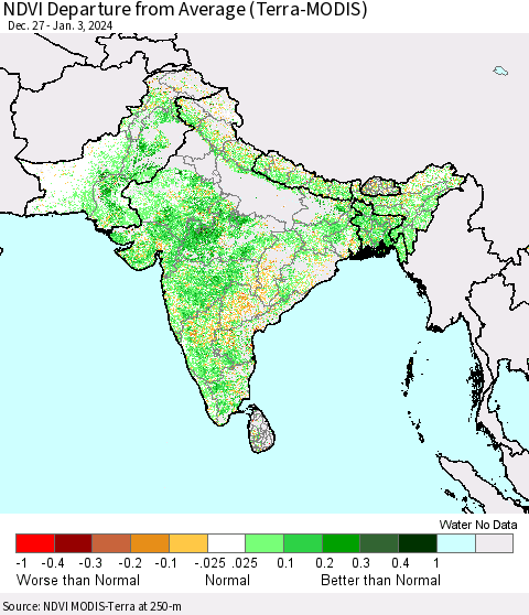 Southern Asia NDVI Departure from Average (Terra-MODIS) Thematic Map For 12/27/2023 - 1/3/2024
