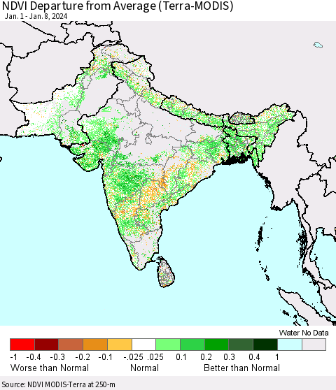 Southern Asia NDVI Departure from Average (Terra-MODIS) Thematic Map For 1/1/2024 - 1/8/2024