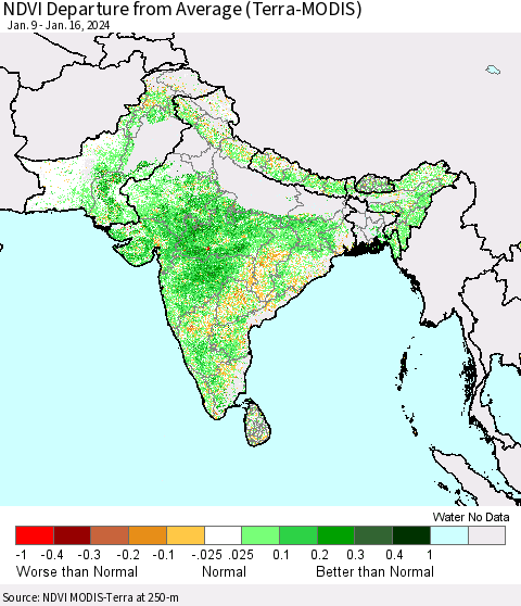 Southern Asia NDVI Departure from Average (Terra-MODIS) Thematic Map For 1/9/2024 - 1/16/2024