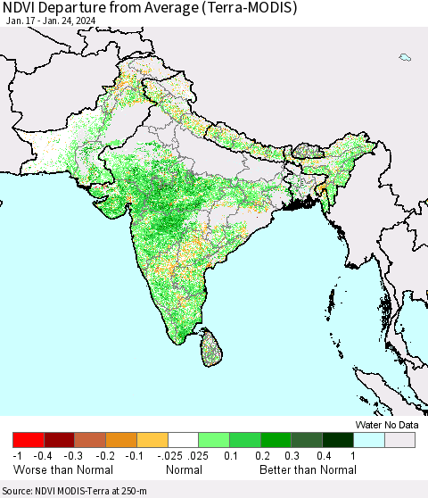 Southern Asia NDVI Departure from Average (Terra-MODIS) Thematic Map For 1/17/2024 - 1/24/2024
