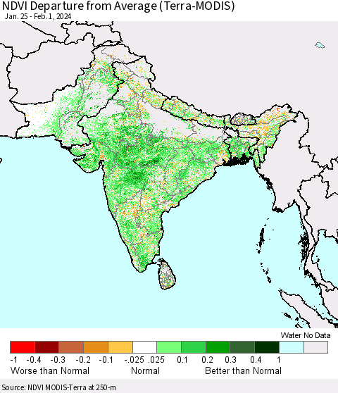 Southern Asia NDVI Departure from Average (Terra-MODIS) Thematic Map For 1/25/2024 - 2/1/2024