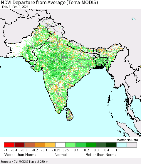 Southern Asia NDVI Departure from Average (Terra-MODIS) Thematic Map For 2/2/2024 - 2/9/2024