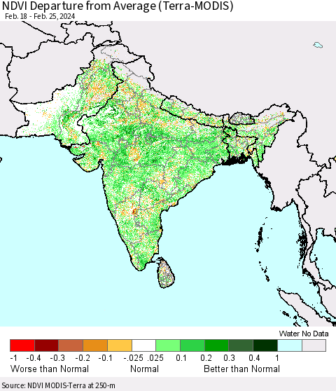 Southern Asia NDVI Departure from Average (Terra-MODIS) Thematic Map For 2/18/2024 - 2/25/2024
