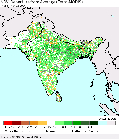 Southern Asia NDVI Departure from Average (Terra-MODIS) Thematic Map For 3/5/2024 - 3/12/2024