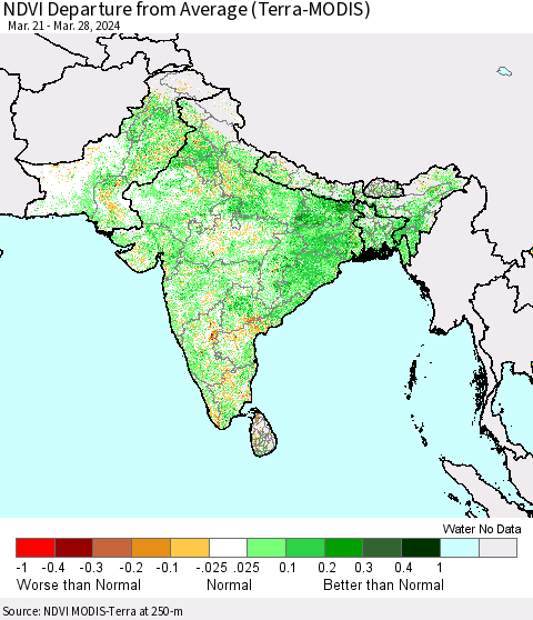 Southern Asia NDVI Departure from Average (Terra-MODIS) Thematic Map For 3/21/2024 - 3/28/2024