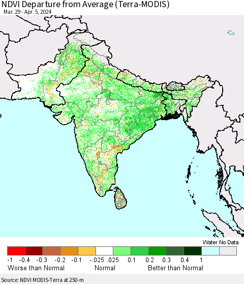 Southern Asia NDVI Departure from Average (Terra-MODIS) Thematic Map For 3/29/2024 - 4/5/2024