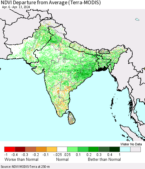 Southern Asia NDVI Departure from Average (Terra-MODIS) Thematic Map For 4/6/2024 - 4/13/2024