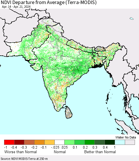 Southern Asia NDVI Departure from Average (Terra-MODIS) Thematic Map For 4/14/2024 - 4/21/2024