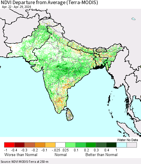 Southern Asia NDVI Departure from Average (Terra-MODIS) Thematic Map For 4/22/2024 - 4/29/2024
