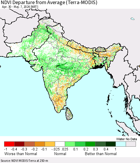 Southern Asia NDVI Departure from Average (Terra-MODIS) Thematic Map For 4/30/2024 - 5/7/2024