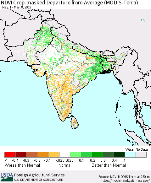 Southern Asia Cropland NDVI Departure from Average (Terra-MODIS) Thematic Map For 5/1/2019 - 5/10/2019