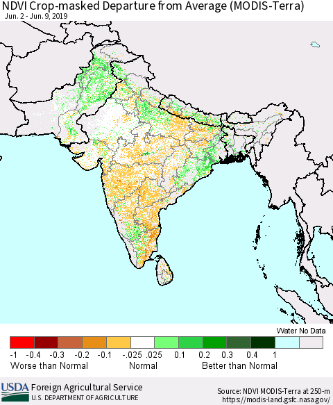 Southern Asia NDVI Crop-masked Departure from Average (MODIS-Terra) Thematic Map For 6/1/2019 - 6/10/2019