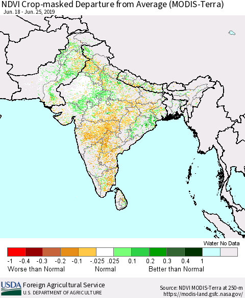 Southern Asia Cropland NDVI Departure from Average (Terra-MODIS) Thematic Map For 6/21/2019 - 6/30/2019