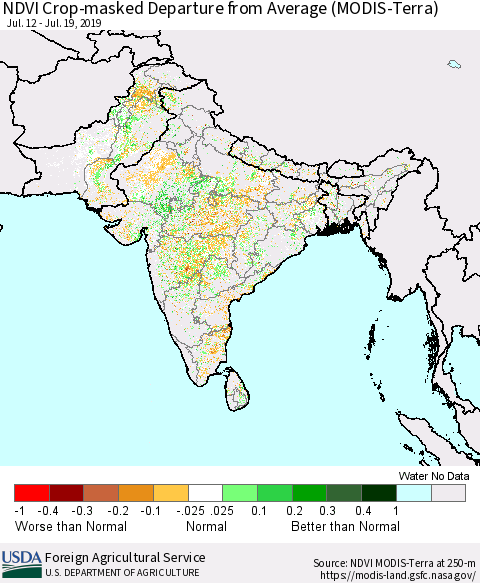 Southern Asia Cropland NDVI Departure from Average (Terra-MODIS) Thematic Map For 7/11/2019 - 7/20/2019