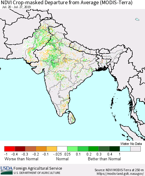 Southern Asia NDVI Crop-masked Departure from Average (MODIS-Terra) Thematic Map For 7/21/2019 - 7/31/2019