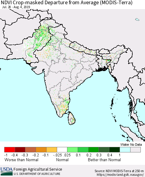 Southern Asia Cropland NDVI Departure from Average (Terra-MODIS) Thematic Map For 8/1/2019 - 8/10/2019