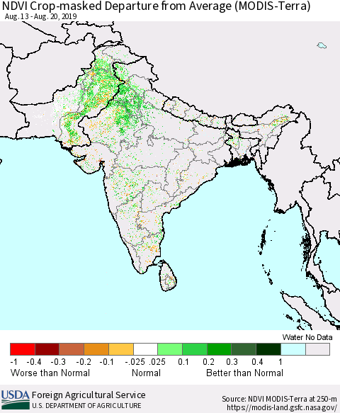 Southern Asia Cropland NDVI Departure from Average (Terra-MODIS) Thematic Map For 8/11/2019 - 8/20/2019