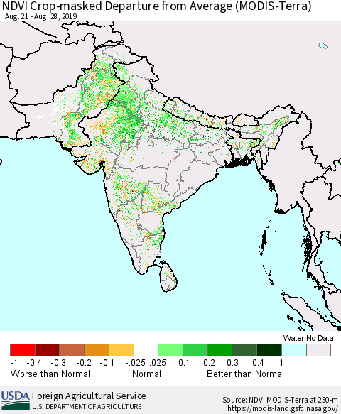Southern Asia Cropland NDVI Departure from Average (Terra-MODIS) Thematic Map For 8/21/2019 - 8/31/2019
