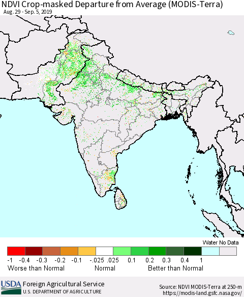 Southern Asia Cropland NDVI Departure from Average (Terra-MODIS) Thematic Map For 9/1/2019 - 9/10/2019