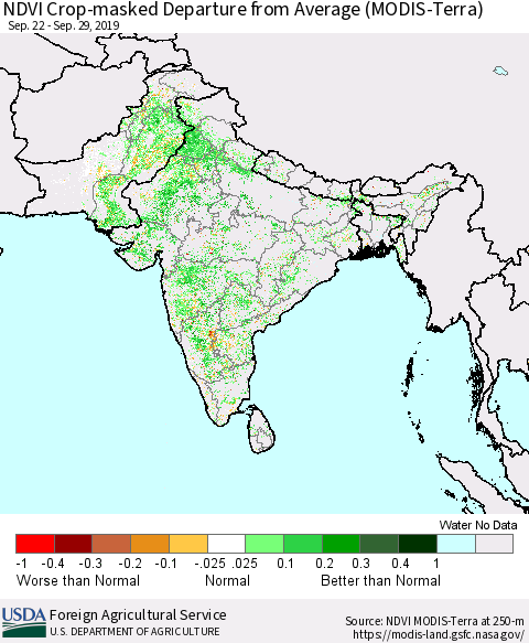Southern Asia NDVI Crop-masked Departure from Average (MODIS-Terra) Thematic Map For 9/21/2019 - 9/30/2019