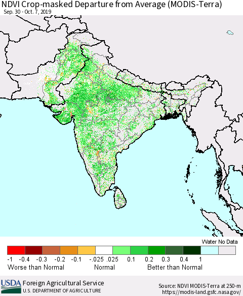 Southern Asia NDVI Crop-masked Departure from Average (MODIS-Terra) Thematic Map For 10/1/2019 - 10/10/2019