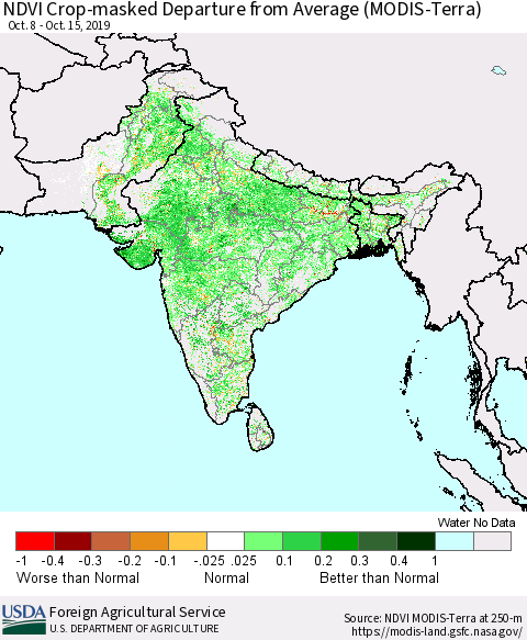 Southern Asia NDVI Crop-masked Departure from Average (MODIS-Terra) Thematic Map For 10/11/2019 - 10/20/2019
