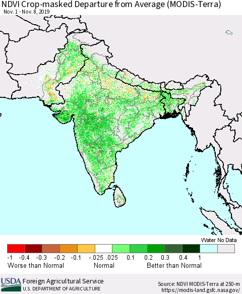 Southern Asia NDVI Crop-masked Departure from Average (MODIS-Terra) Thematic Map For 11/1/2019 - 11/10/2019