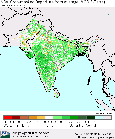 Southern Asia NDVI Crop-masked Departure from Average (MODIS-Terra) Thematic Map For 11/11/2019 - 11/20/2019